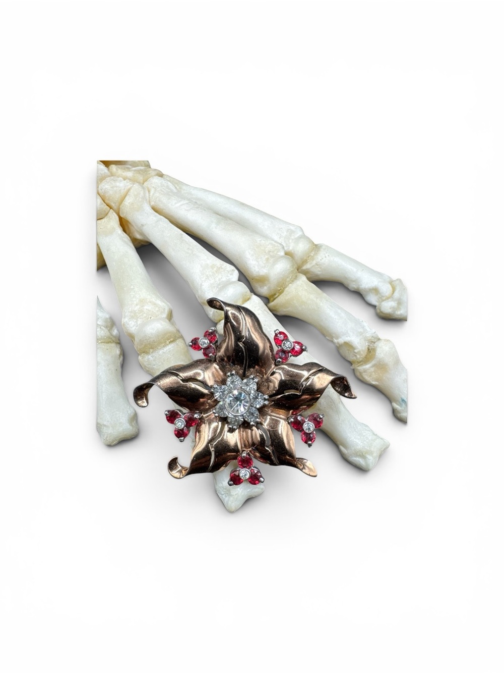 Vintage 1940s Pennino Bros Sterling Gold Vermeil Flower Brooch Pin Ruby Red